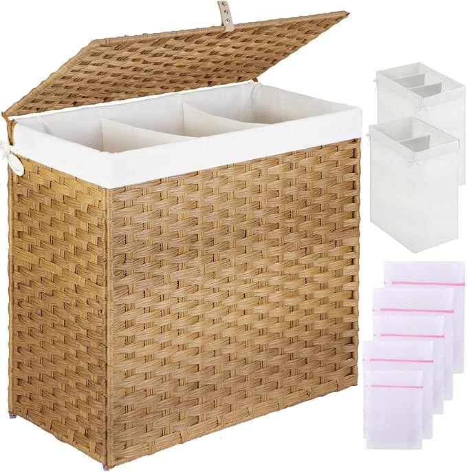 Greenstell Laundry Hamper with Lid, 125L Large Clothes Hamper with 3 Section & by Greenstell