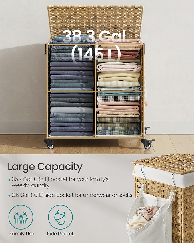 SONGMICS Laundry Hamper with Lid, 38.3 Gallons, Rolling Laundry Basket with - Image 4