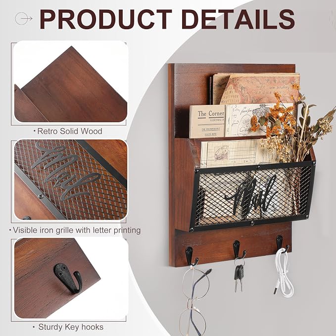 Yalikop Farmhouse Mail Organizer Wall Mounted Rustic Mail Holder Hanging Key - Image 4