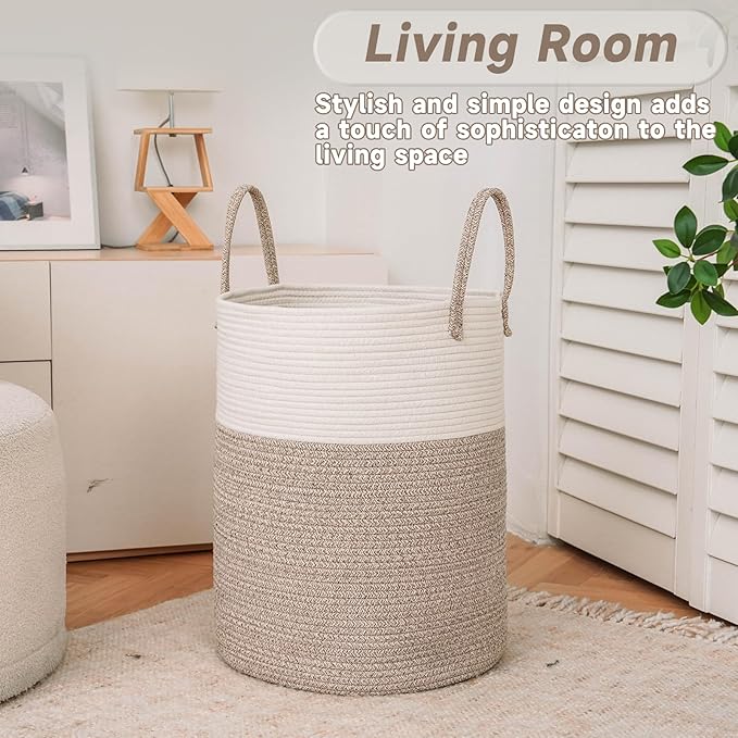 Large Woven Laundry Basket Hamper, 60L Cotton Rope Storage Bin - Image 3