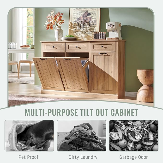 Triple Tilt Out Laundry Hamper Cabinet, 20 Gallon Farmhouse Trash Can Cabinet - Image 5