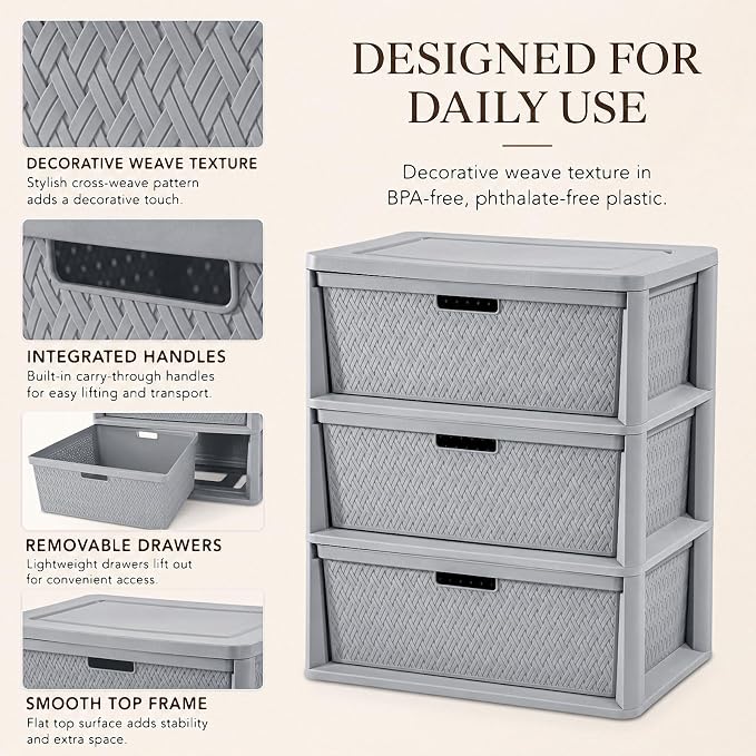 Wide 3-Drawer Plastic Storage Tower, Decorative Organizer Chest, BPA-free - Image 6