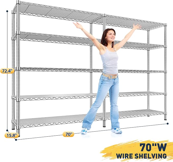 REIBII 70" W Wire Shelving Load 1500LBS, Metal Shelving 5-Tier Storage Shelves - Image 2
