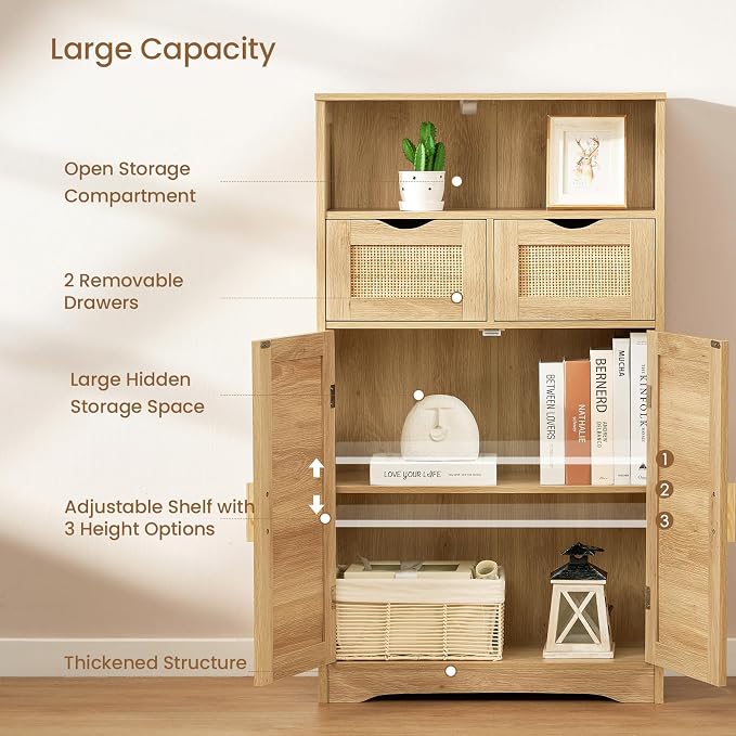 Iwell Storage Cabinet with 2 Drawers & Adjustable Shelves, Rattan Cabinet - Image 6