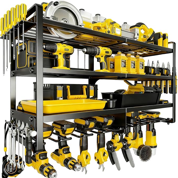 Heavy Duty 4-Tier Wall Mount Tool Rack, 8-Drill Holder & Charging Station by Unknown