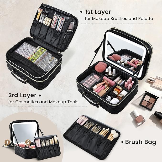 Makeup Bag with LED Lighted Mirror 12.2 IN Travel Double Layer Makeup Case - Image 3