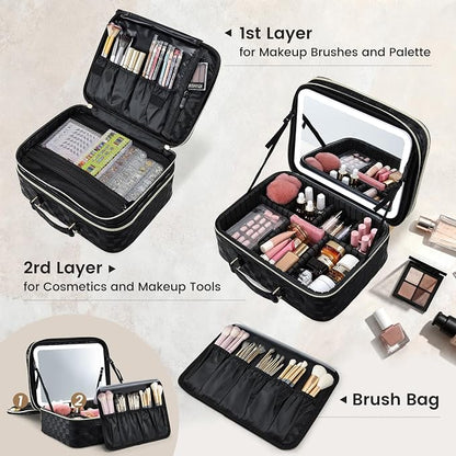 Makeup Bag with LED Lighted Mirror 12.2 IN Travel Double Layer Makeup Case - Image 3