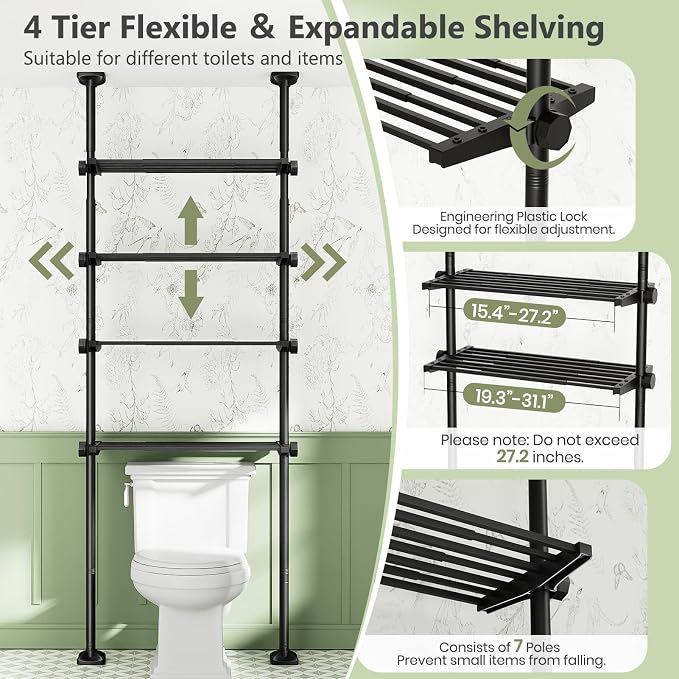Over The Toilet Storage Shelf No Drill 4-Tier Adjustable Bathroom Organizer | - Image 4