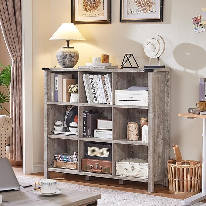 9 Cube Bookcase, Farmhouse 47 Inch Wide Grey Oak Bookshelf, Wooden 3 Tier - Image 2