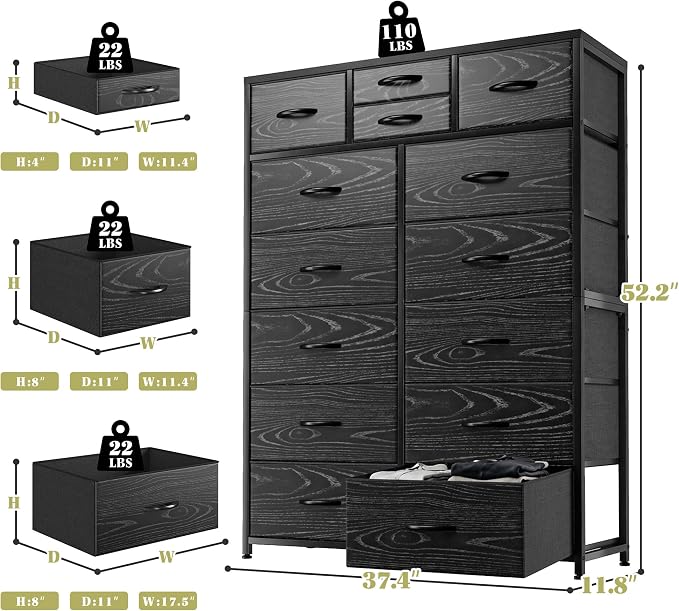 EnHomee 52.2" H Black Dresser for Bedroom, Vertical Storage Tower, Anti-Tip | - Image 3