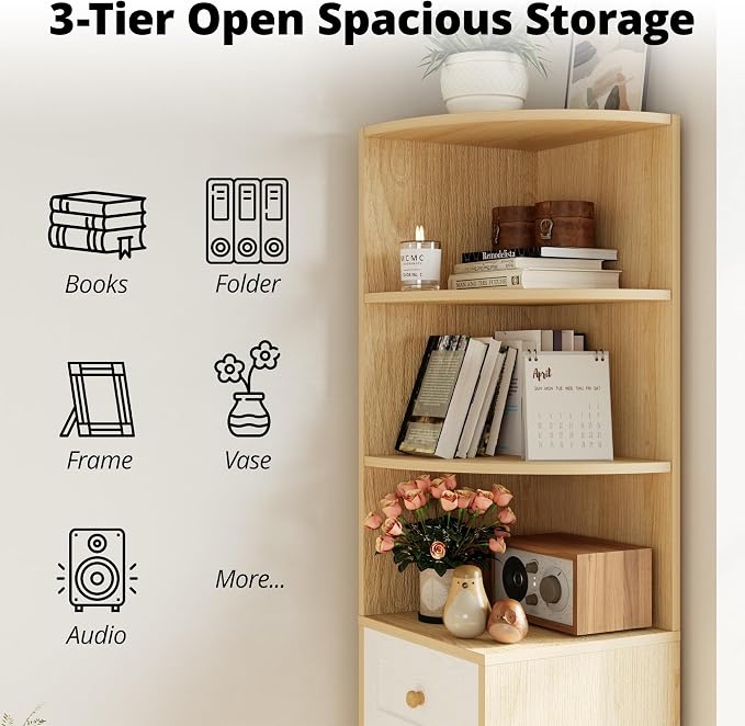 IRONCK Corner Bookshelf and Bookcase, Oak and White - Image 4