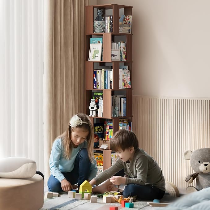 6 Tier Solid Wood Rotating Bookshelf Tower on Wheels, 360° Upgrade Spinning - Image 8