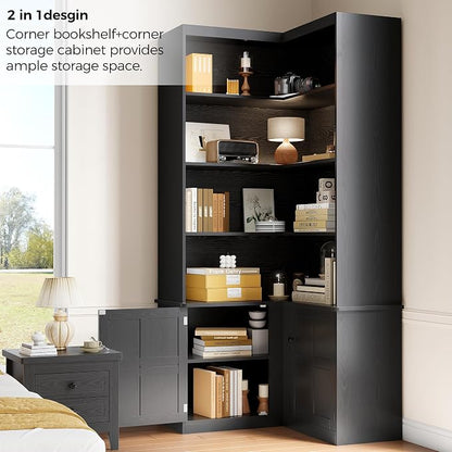 IRONCK Corner Bookshelf with Doors, 6 Tier Bookcase with Storage, Corner Shelf - Image 3