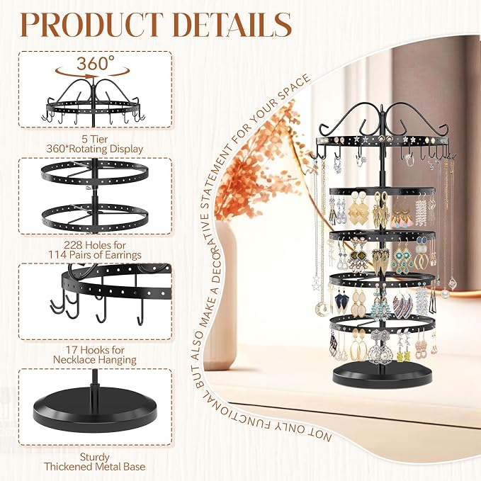 MODOWEY Rotating Jewelry Holder Organizer Stand, 5 Tier Metal Adjustable - Image 3