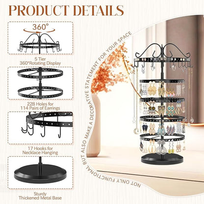MODOWEY Rotating Jewelry Holder Organizer Stand, 5 Tier Metal Adjustable - Image 3