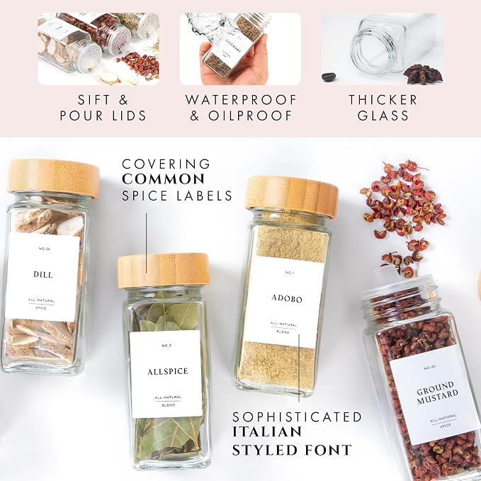 FINESSY Glass Spice Jars with Label with Bamboo Lids 36 Pack Set, 4oz Empty - Image 3