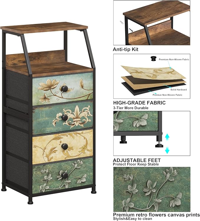Tohomeor Dresser with Fabric Drawers Nightstand with 2 Tier Shelf Storage Tower - Image 5