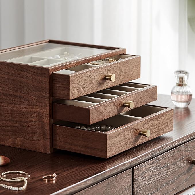 Black Walnut Wooden Jewelry Box Women large 3 Layer Drawer Organizer Box - Image 7