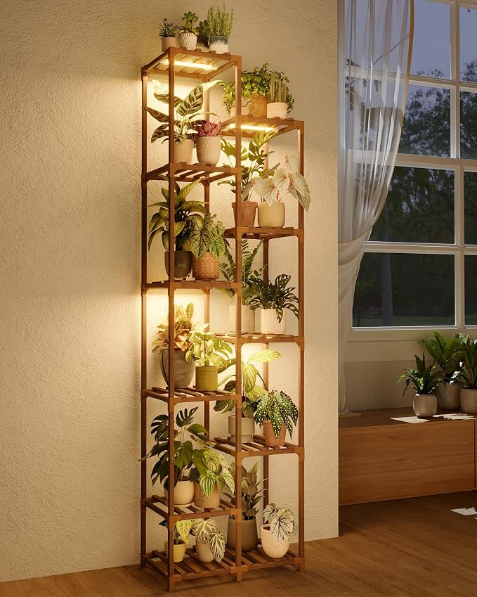 Bamworld Plant Stand with Grow Lights Indoor Outdoor 11 Tier Tall Large Wood by Bamworld