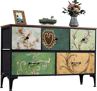 WLIVE Wide Dresser for Bedroom, 5 Drawer Chest of Drawers, Floral | 5 roomy by WLIVE
