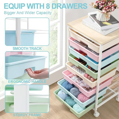 Rolling Storage Cart with Drawers, Utility Cart With 8 Drawers and Wooden - Image 3