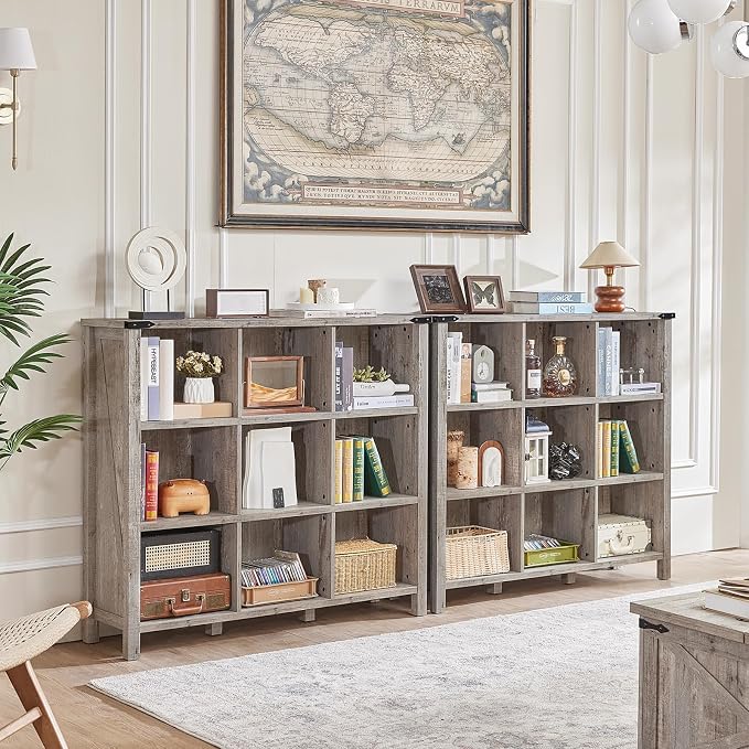 9 Cube Bookcase, Farmhouse 47 Inch Wide Grey Oak Bookshelf, Wooden 3 Tier - Image 5