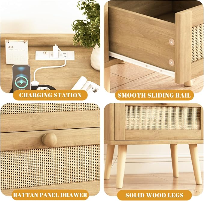 Rattan Nightstand with Charging Station Set of 2, Mid Century Modern Bedside - Image 6