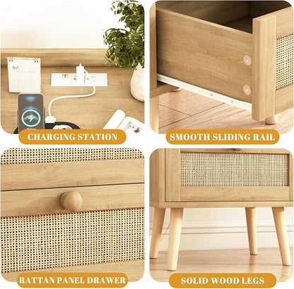 Rattan Nightstand with Charging Station, Mid Century Modern Bedside Side Table - Image 4
