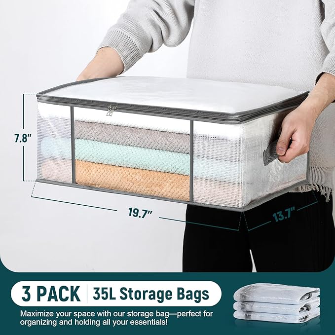 LANDNEOO 3-Pack Clothes Storage Bags, Plastic Foldable Blanket Storage bins - Image 2