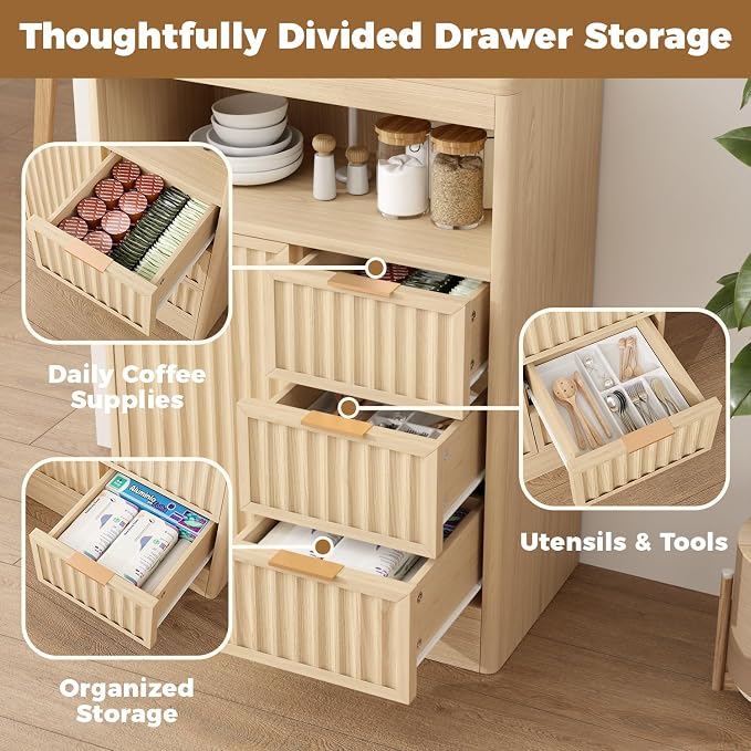 Coffee Bar Cabinet with Drawer, Fluted Buffet Sideboard Cabinet with 3 Drawers - Image 4