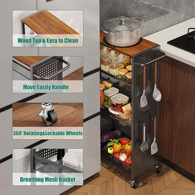 4-Tier Slim Storage Cart with Wheels, Small Mobile Organizer Shelf with Wooden - Image 3