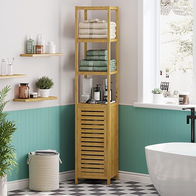 Storage Tall Slim Cabinet with Shutter Door and 3 Tier Shelves, Freestanding - Image 2