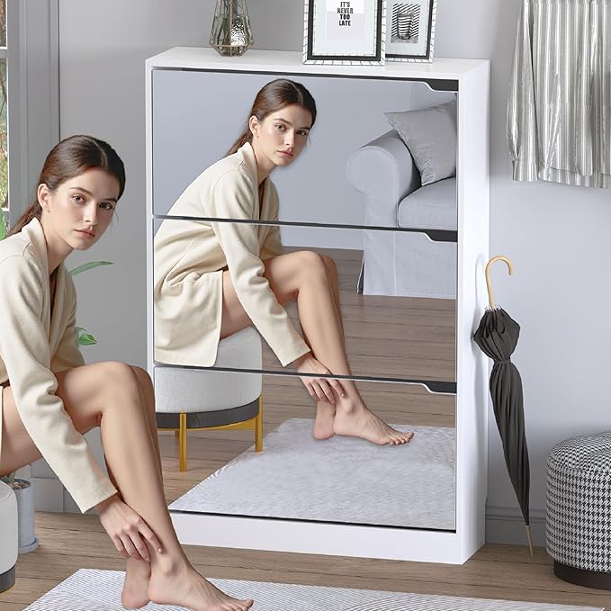 BORNOON Shoe Cabinet with 3-Flip Mirror Drawers, Freestanding Shoe Rack - Image 3
