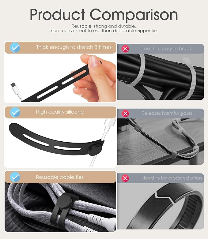 40Pcs Nearockle Reusable Cable Ties, Adjustable Silicone Cord Organizer Small - Image 4