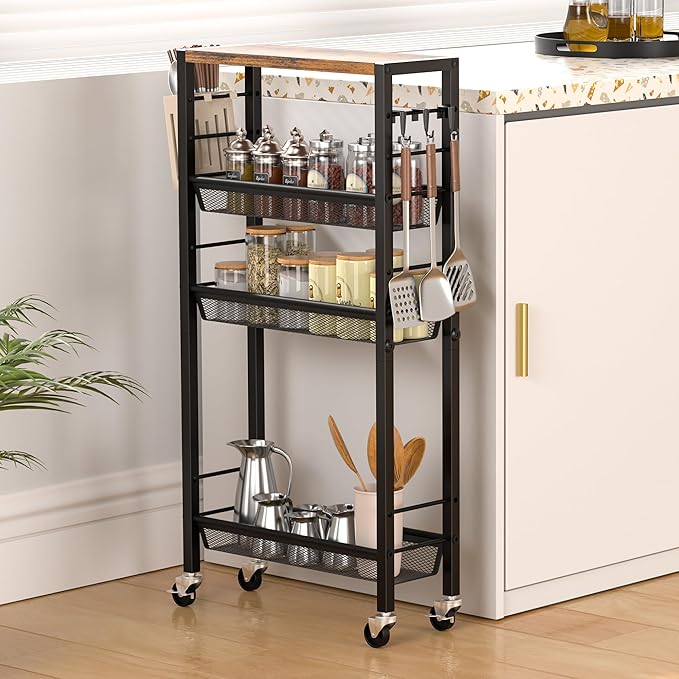 Slim Rolling Cart, 4-Tier Narrow Kitchen Storage Cart, Slim Utility Cart on - Image 3