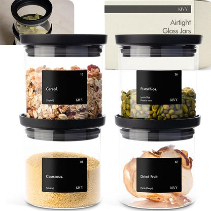 KIVY Airtight Glass Jars with Lids & Labels Stackable Glass storage jars with by KIVY