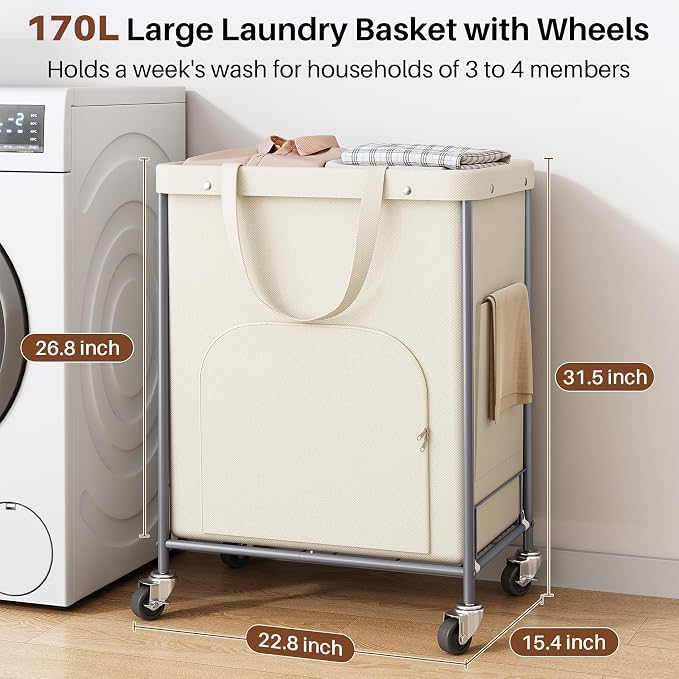 170L Large Laundry Basket with Wheels, Rolling Laundry Hamper Easy Access - Image 3