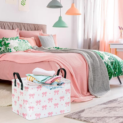 Pink Bow Canvas Storage Basket Waterproof Laundry Hamper - Image 4