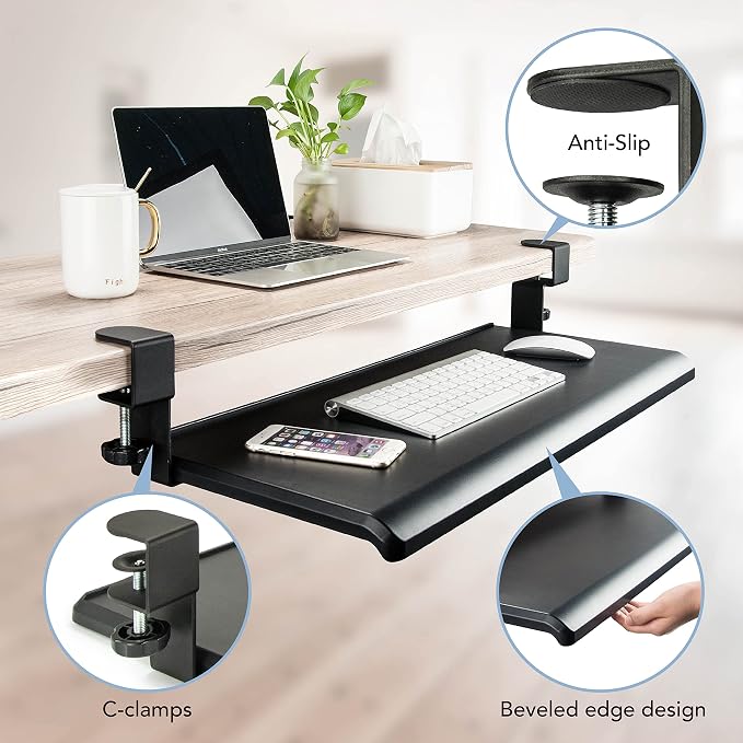 EHO Under Desk Keyboard Tray, Large 27.5" x 12.2" Slide-Out Clamp-On Drawer - Image 3