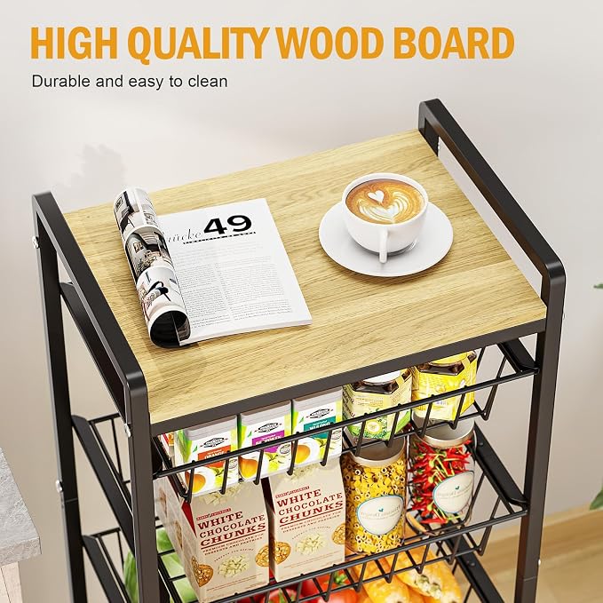 TOOLF 5 Tier Kitchen Storage Cart, Metal Utility Rolling Snack Cart | Wooden - Image 5