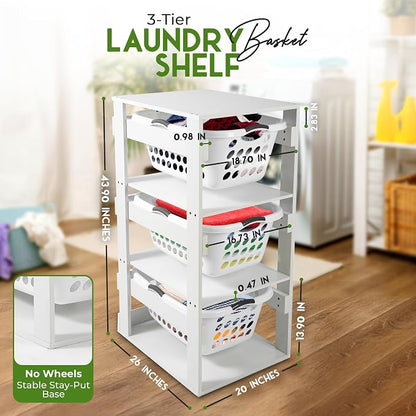 Laundry Basket Holder Shelf – Stackable Engineered Wood Laundry Tower, Tiered - Image 2