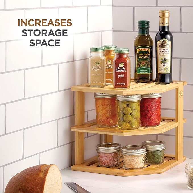 Plate Organizer for Cabinet, Corner Shelf, Bamboo 3-Tier Kitchen Organizer | - Image 5