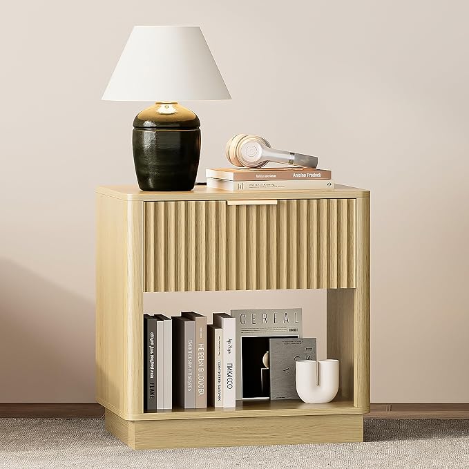 Fluted Nightstand with Charging Station Modern Bedside Table with Drawer and - Image 6