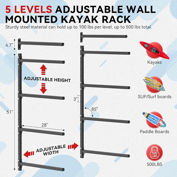 Kayak Storage Rack Wall Mount Adjustable 5 Levels Kayak Rack Wall Hanger Holder - Image 2