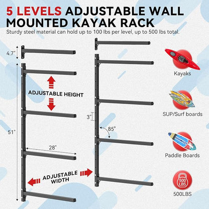 Kayak Storage Rack Wall Mount Adjustable 5 Levels Kayak Rack Wall Hanger Holder - Image 2