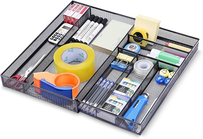 WuGeShop Expandable Office Desk Organizer, 7 compartments Mesh Desk Drawer by WuGeShop
