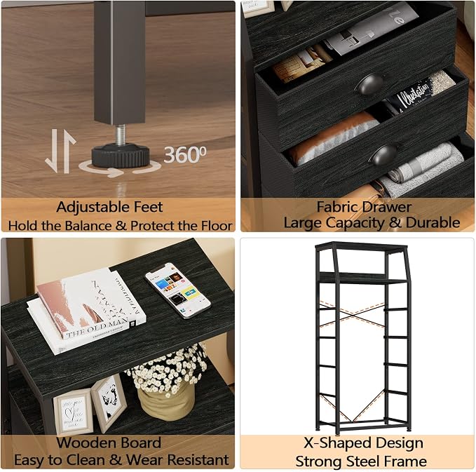 Furnulem Black Dresser for Bedroom, Fabric Dorm Tall Nightstand | 5 Drawers - Image 5