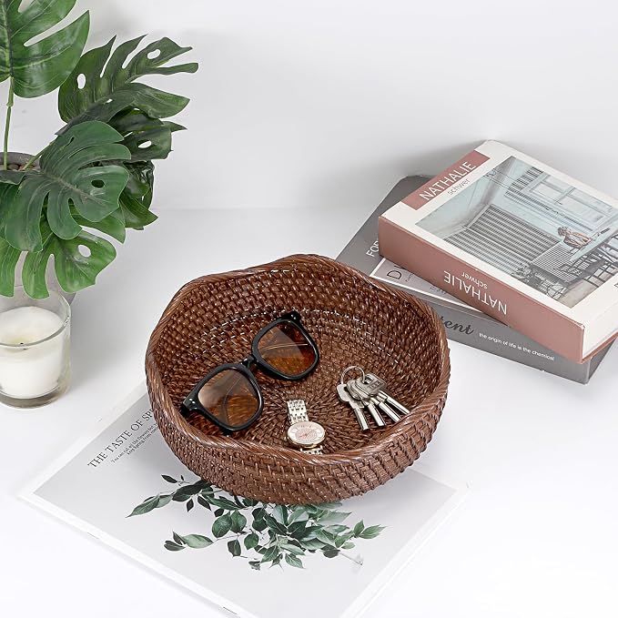 Hipiwe 10" Round Key Tray for Entryway Table Handwoven Wicker Basket Bowl | - Image 2