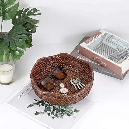 Hipiwe 10" Round Key Tray for Entryway Table Handwoven Wicker Basket Bowl | - Image 2