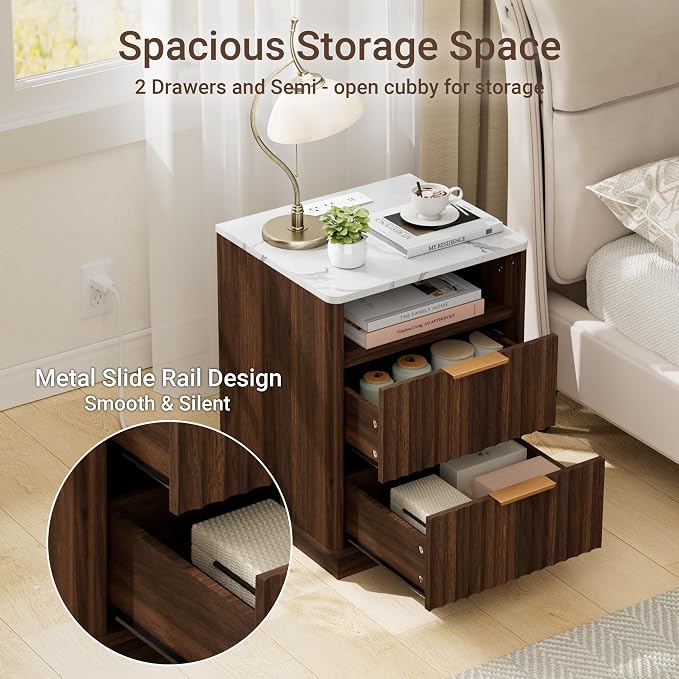 Fluted Night Stand with Charging Station, 2 Drawers End Table with Storage - Image 6